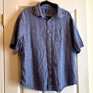 Toscano linen Men’s vertical colorful striped blue short sleeved buttoned shirt